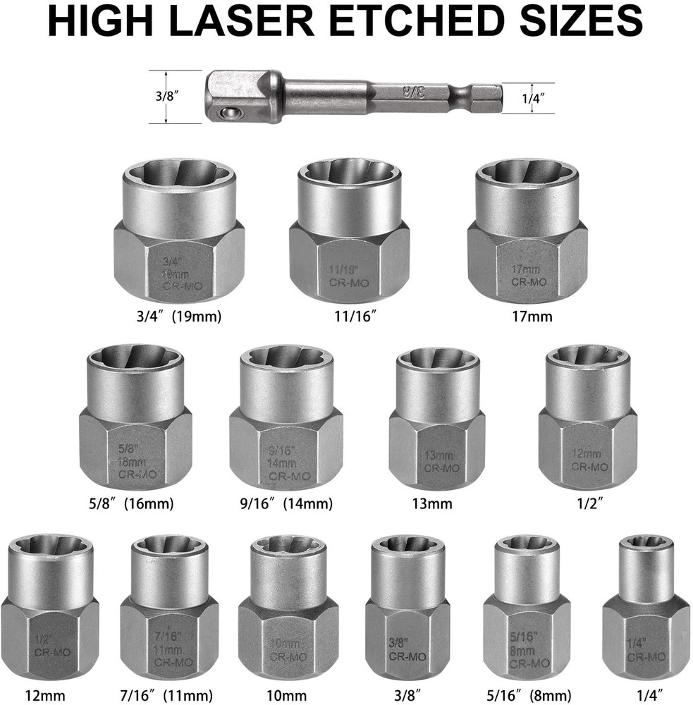 THINKWORK Bolt Extractor Kit, 13+1 Pieces Nut Extractor Socket Set, 3/8" Drive R