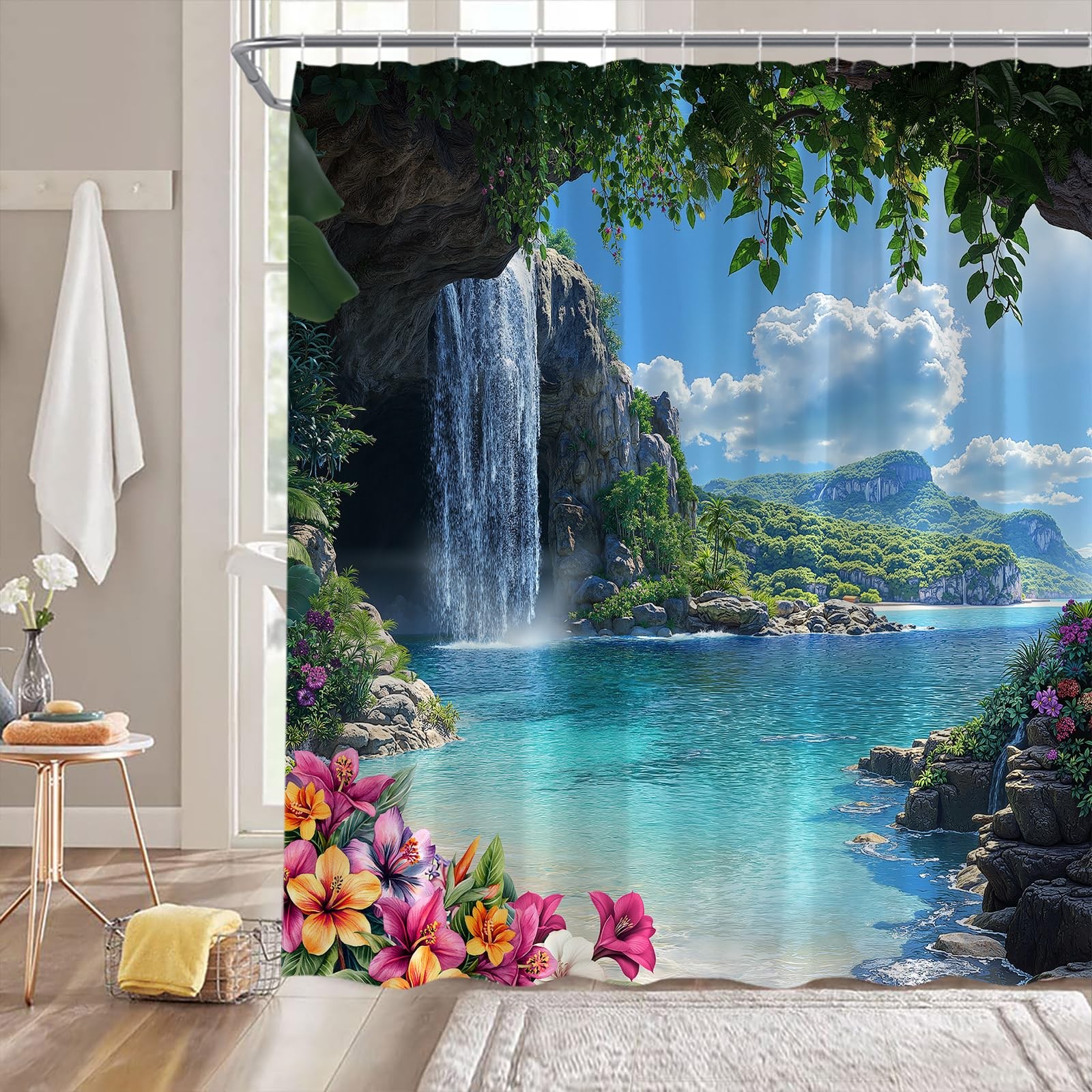 Tropical Ocean Shower Curtain Blue Sea Leaves Floral Hawaii Nature 1 PCS