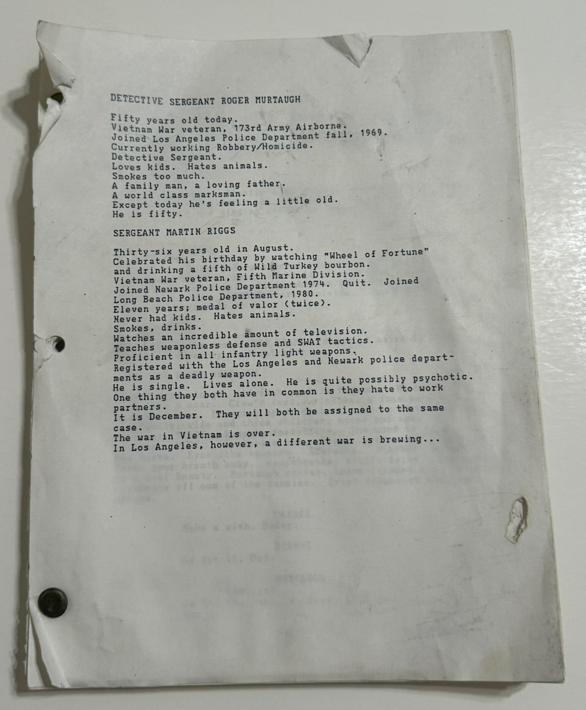Early LETHAL WEAPON Movie Script - 109pg Version - Missing Cover