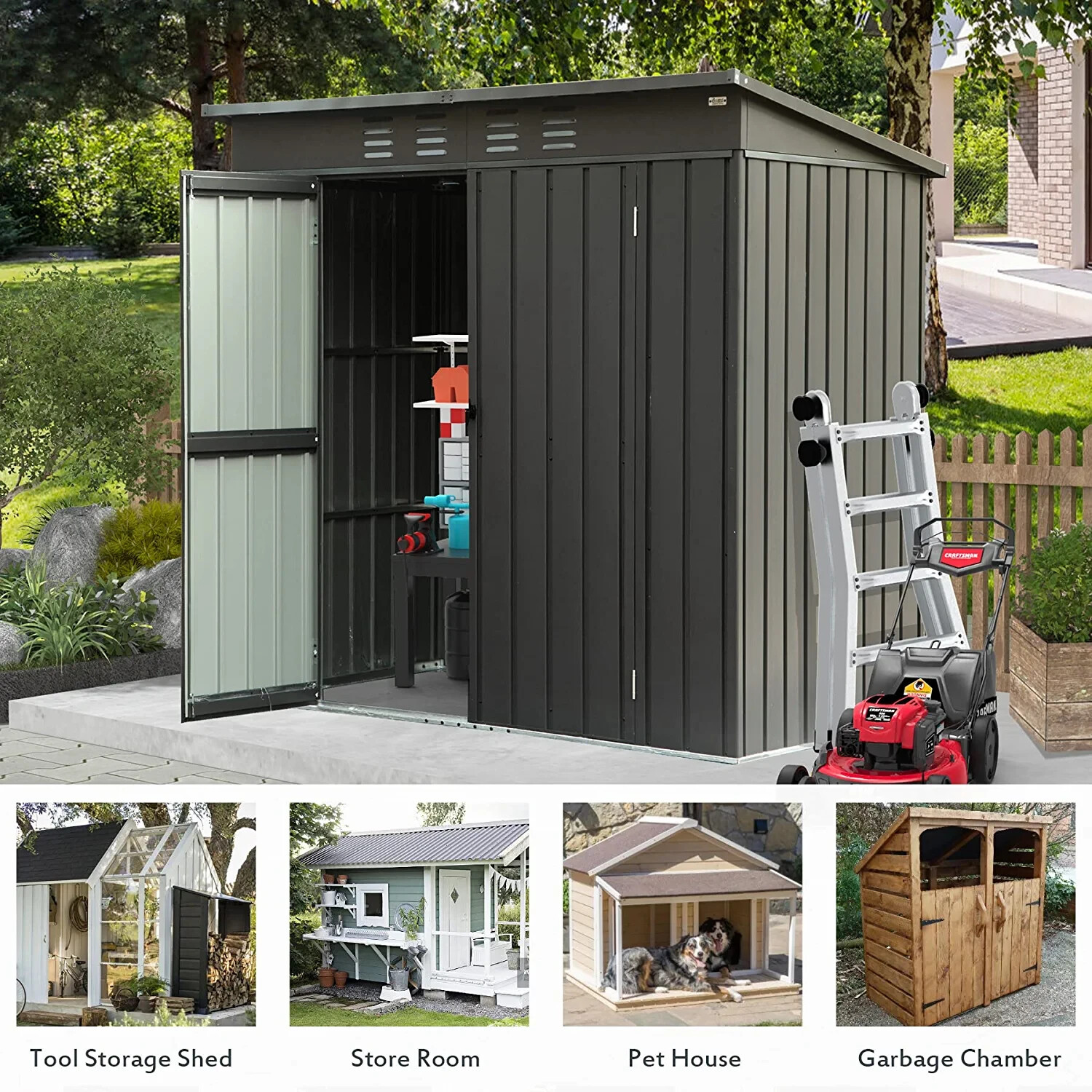 Domi Backyard Storage Shed 5.4' x 3.7' w/Sloping Roof Steel Frame Lockable Door