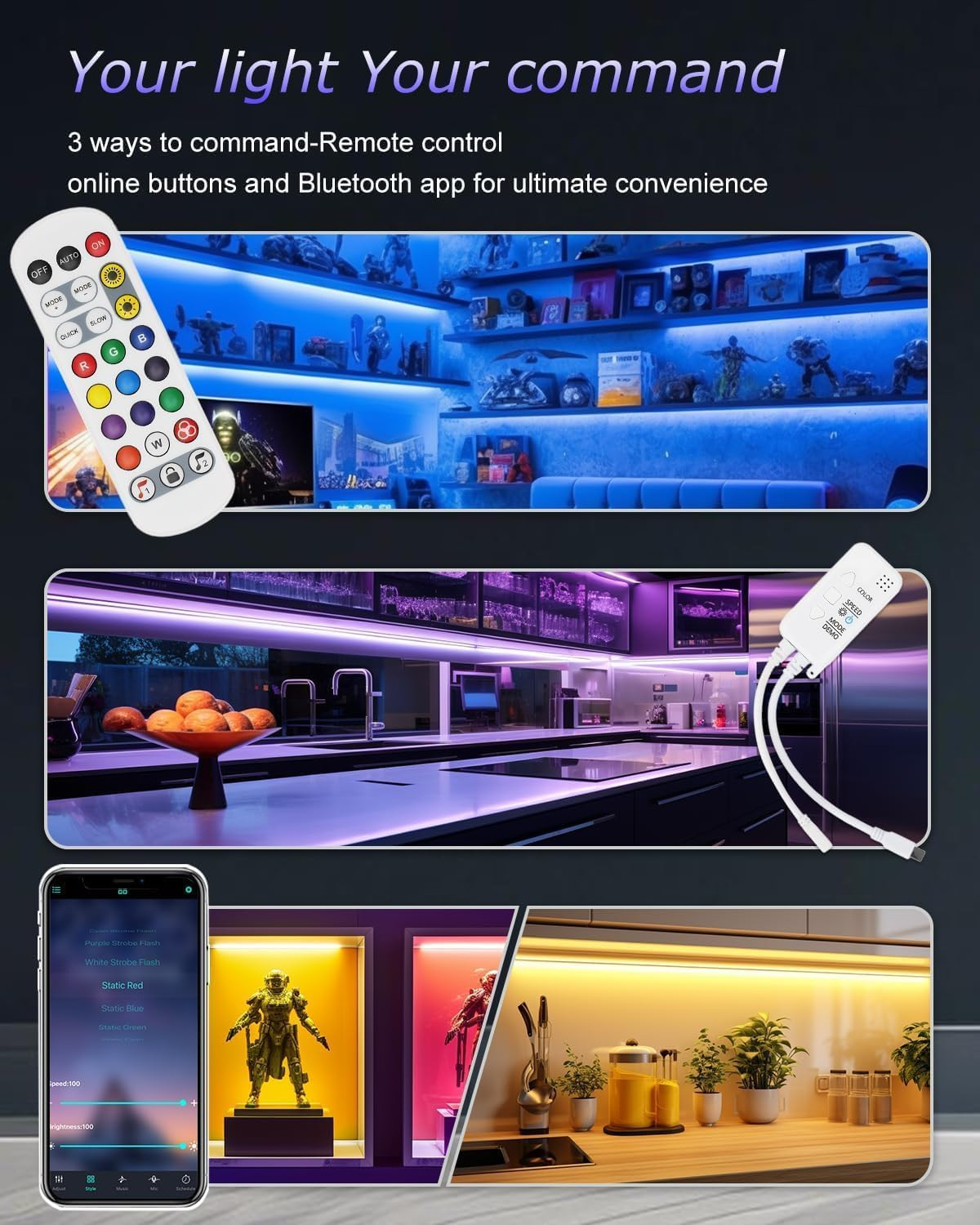 Color Cabinet Lighting, 4Pcs 12" Linkable RGB LED Light Bar Kit for Display Cabi