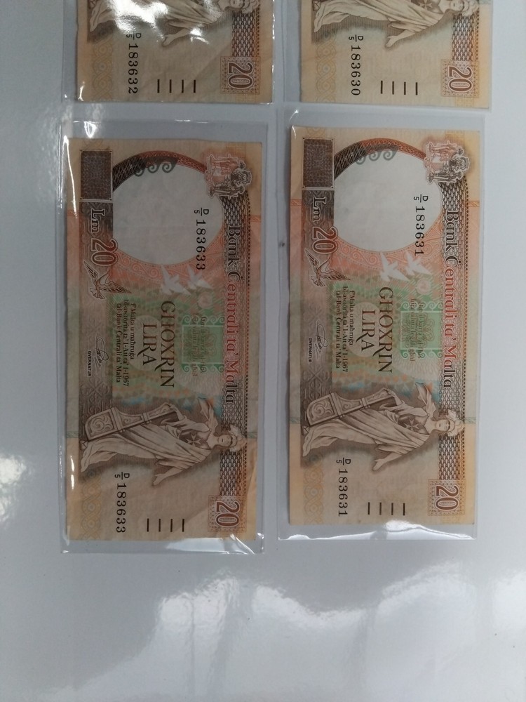 Maltese 20 Lira Bank Notes x4 consecutive unc