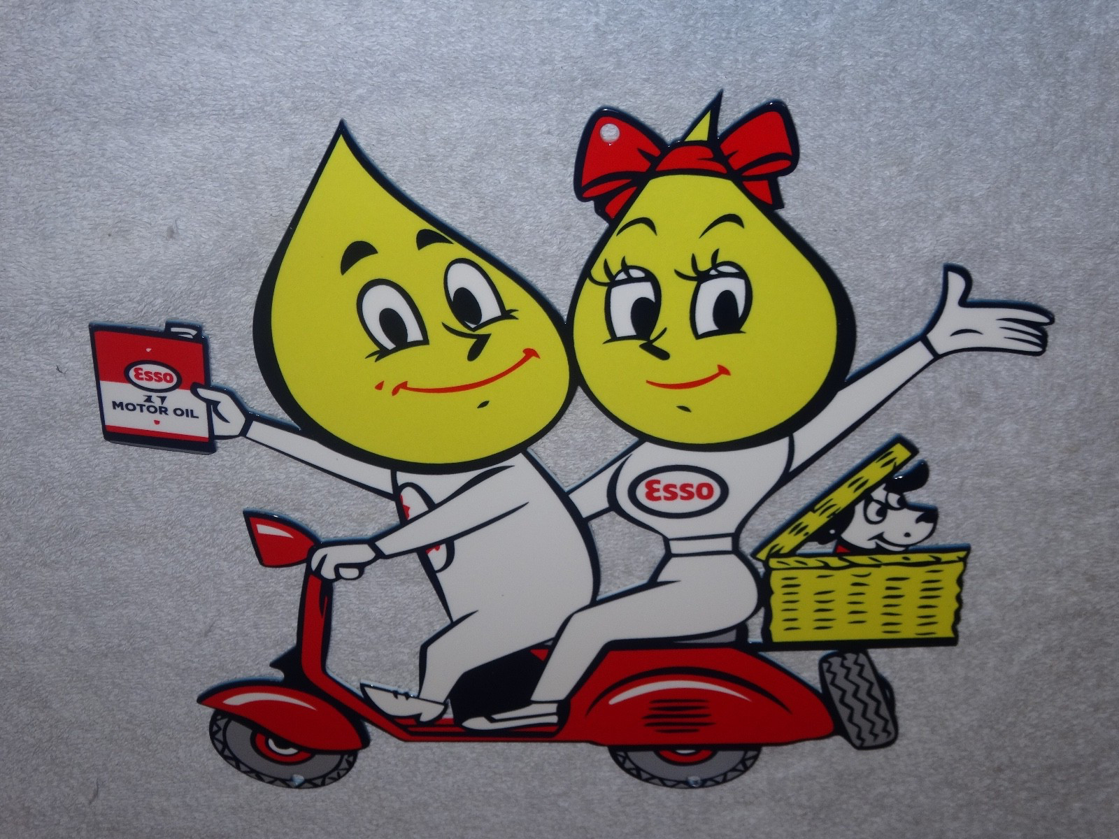 VINTAGE ESSO OIL DROP BOY & GIRL ON VESPA SCOOTER W/ DOG 12" METAL GASOLINE SIGN