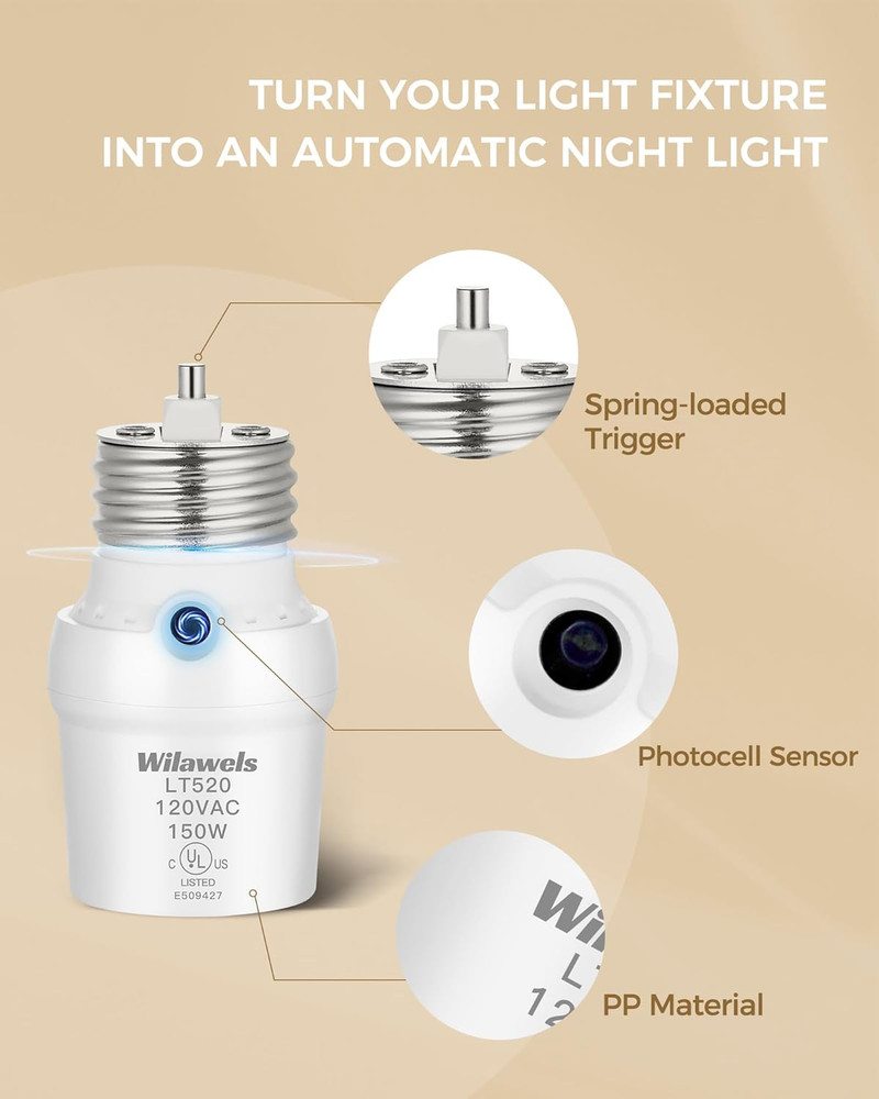 Dusk to Dawn Light Sensor Socket Adapter, E26 Base, 360° Sensor, 4 Pack, UL
