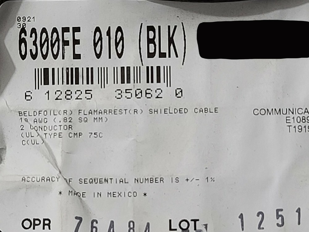 Belden Wire 6300FE 18/2C Shielded Media Control/Audio Cable Plenum Black /100ft