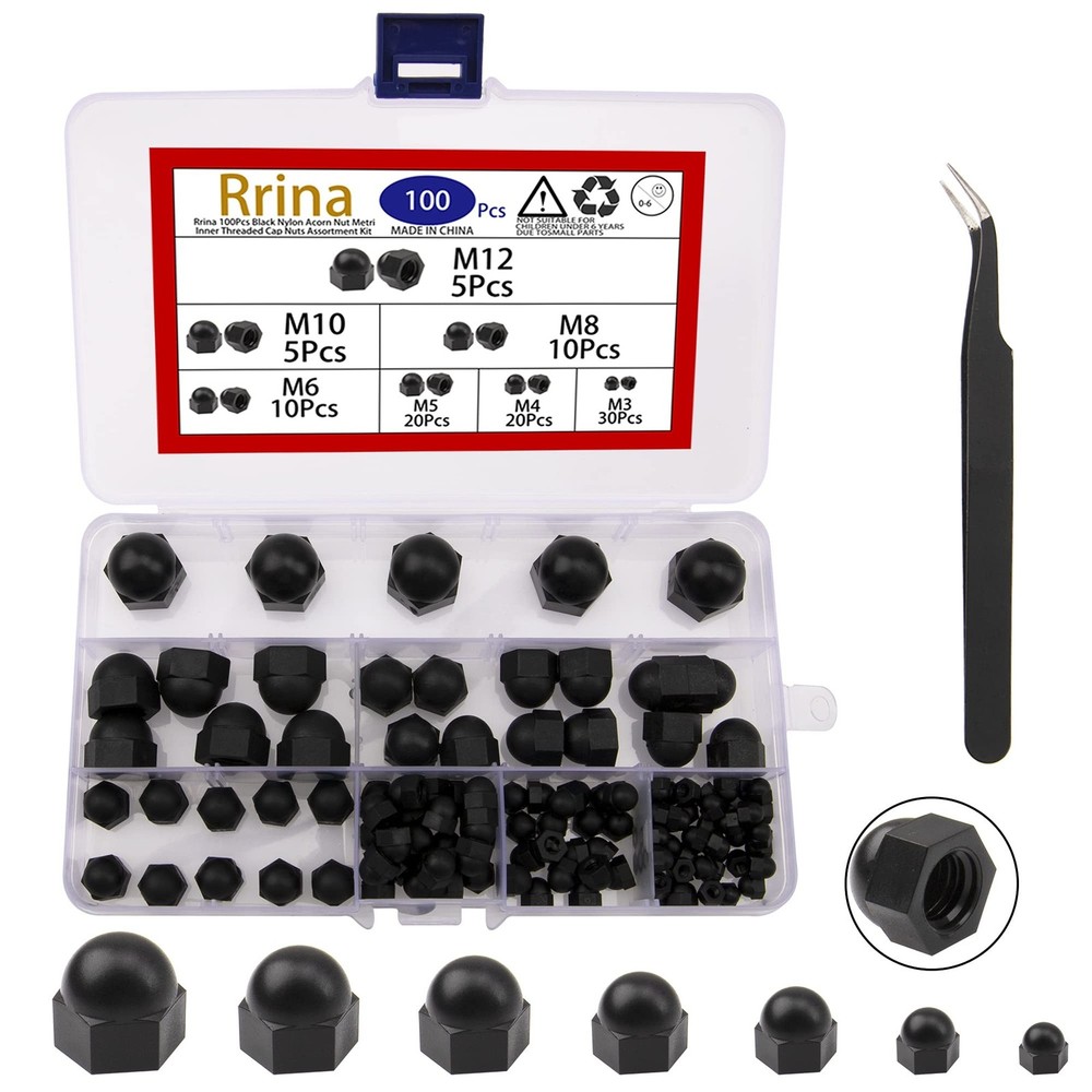 100Pcs Black Nylon Dome Acorn Nut Inner Threaded Cap Nuts Assortment Kit,7 Si...