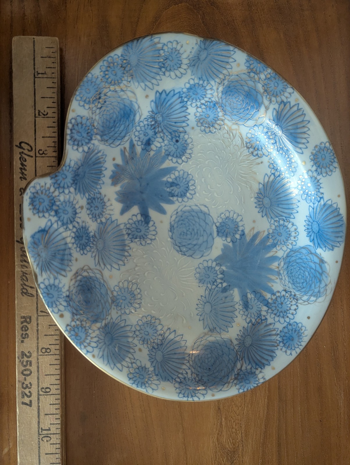 Vtg Kutani Gold Chrysanthemum Flower Japan Blue Trinket Dish Ashtray MCM Art