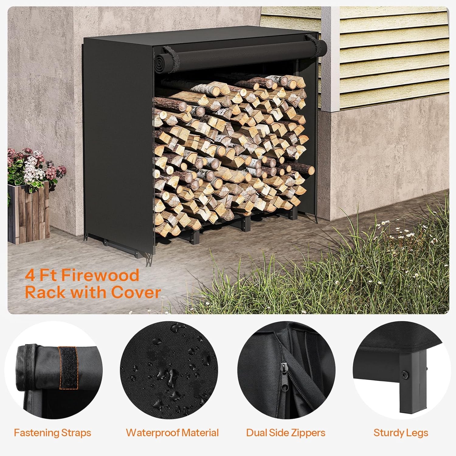 4FT Firewood Rack with Cover Outdoor Firewood Log Rack Adjustable Log Holder