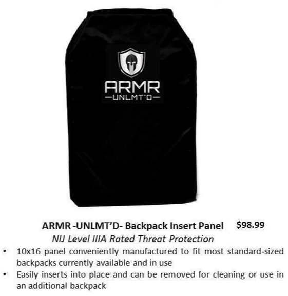 Bulletproof Backpack - Lightweight with 10 x 16 panel Insert - NIJ LEVEL IIIa