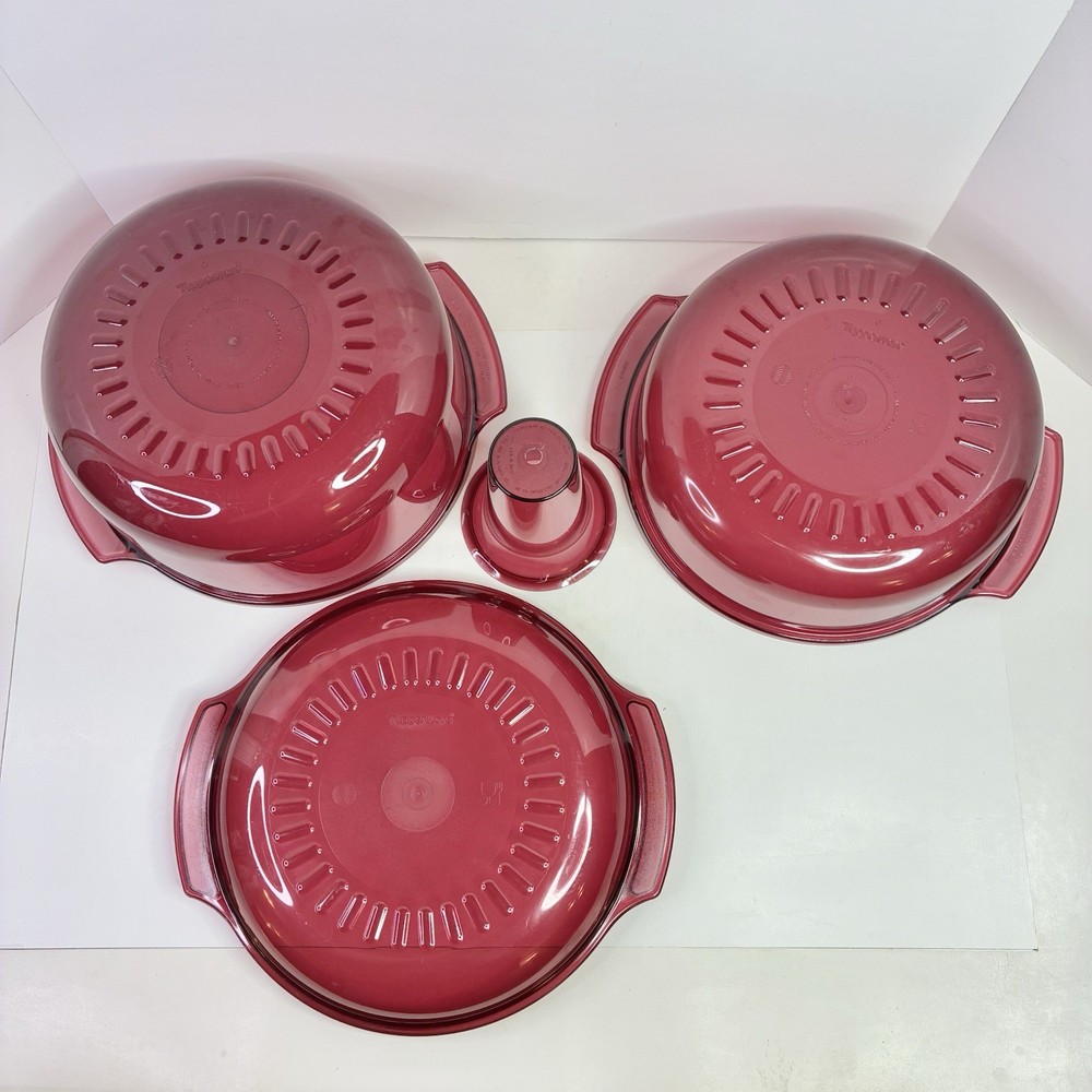 4 pc Tupperware Microwave Stack Cooker/Steamer Cranberry USA VTG *READ*