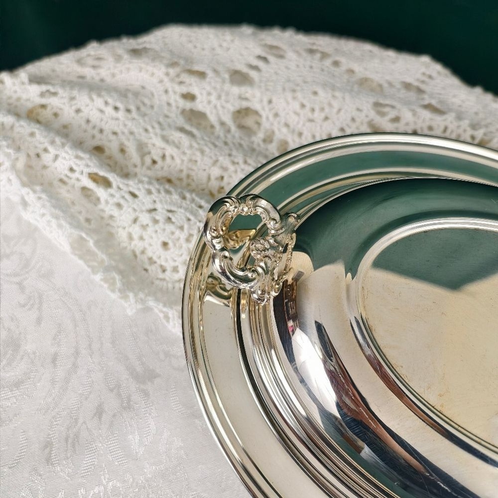 Vintage Elegant Silver Oval Serving Dish with Glass Dish