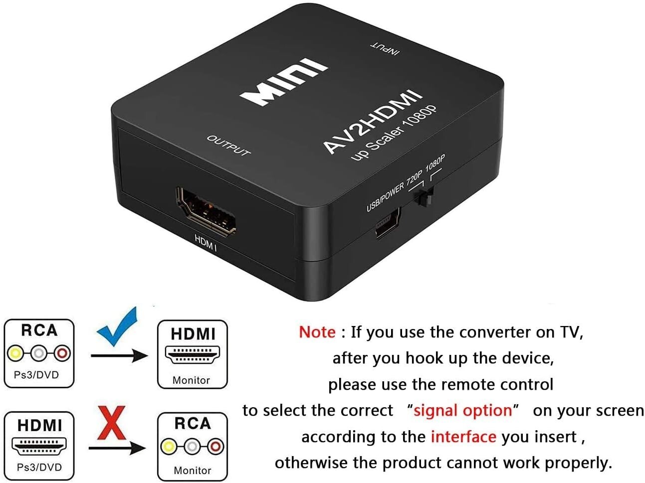 RCA AV to HDMI HD Converter Adapter Composite 3RCA CVBS Audio Video Wii NES SNES