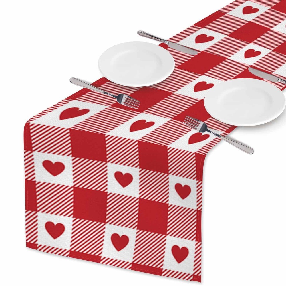 Table Runner Romantic Red Hearts Gingham PatternCotton Linen Table Runner Dec...