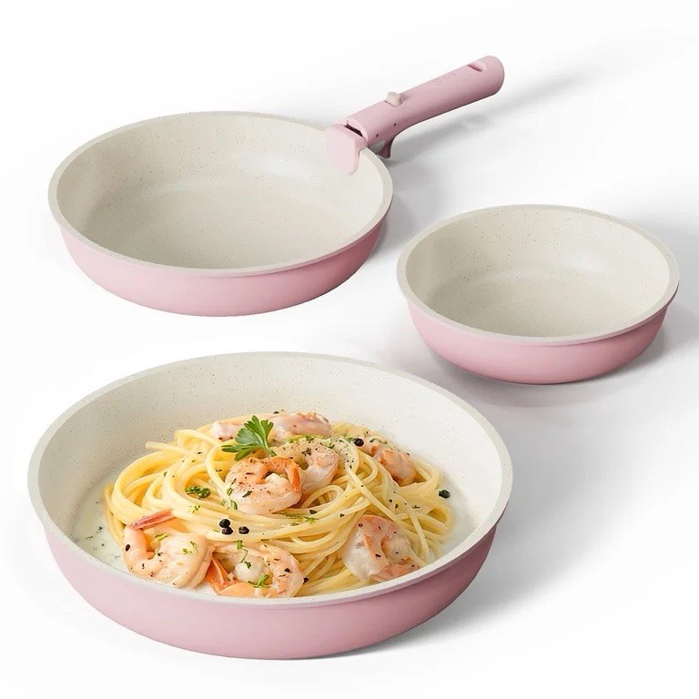 4Pc Nonstick Cookware Set Pink Detachable Handle Pots Pans Stackable Kitchen