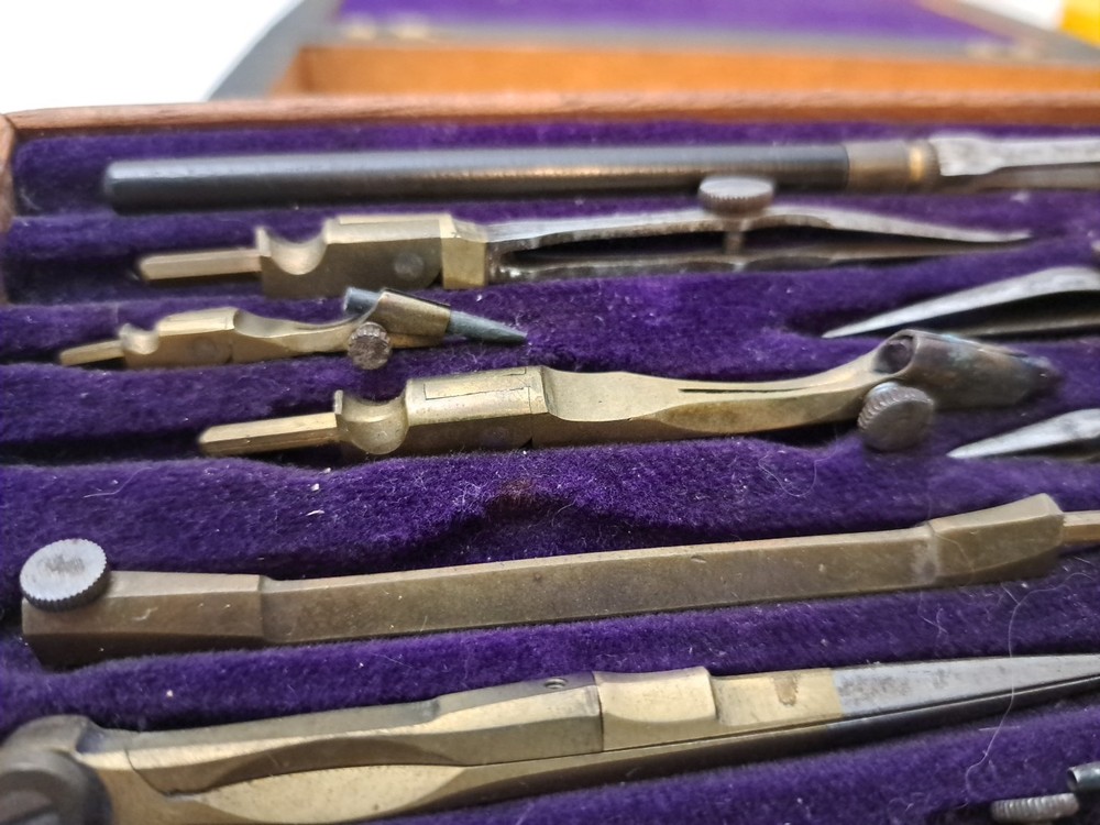Antique Technical Mathematical Drawing Instruments Set Geometry in Wood Box