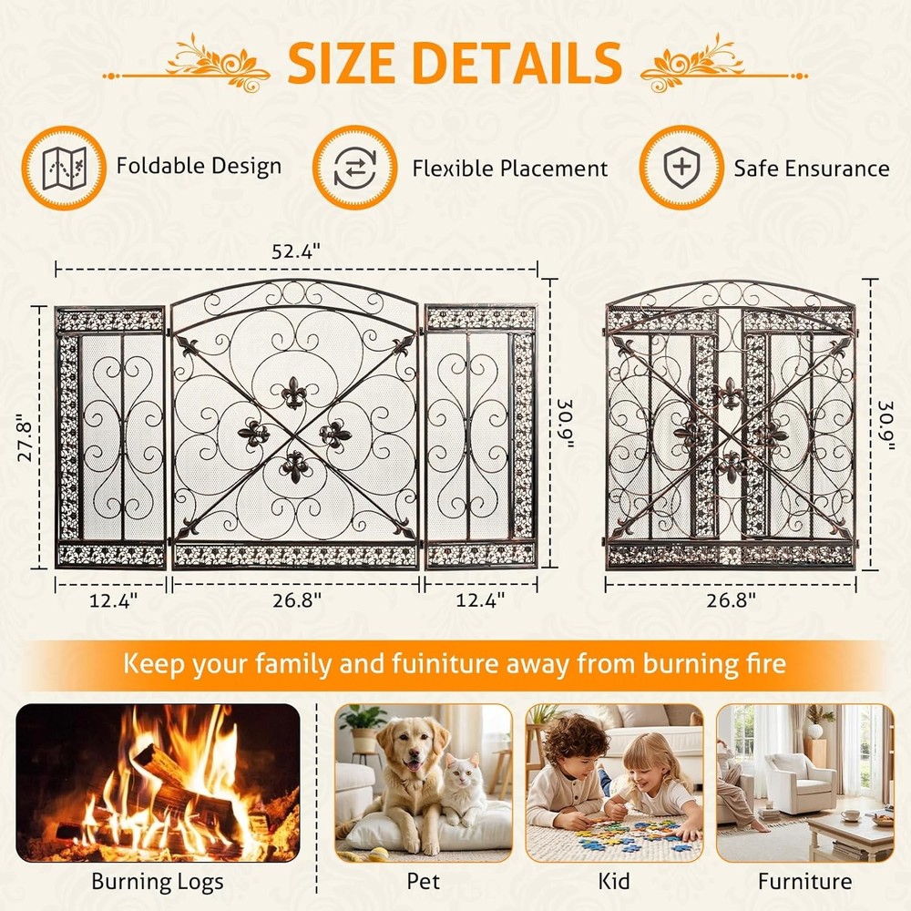 3 Panel Fireplace Screen for Fireplace Gate Decorative Fireplace Screens Stand A