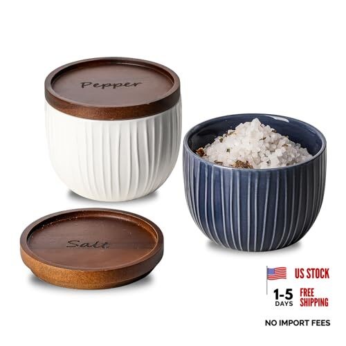 Ceramic Salt and Pepper Bowls: 10 oz Stackable Spice Cellar with Blue & White