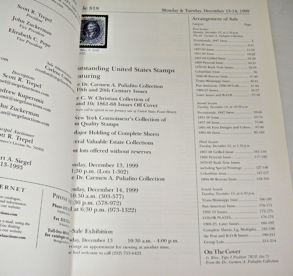 Siegel Stamp Auction Catalog Puliafito Collection 19th and 20th Century Issues