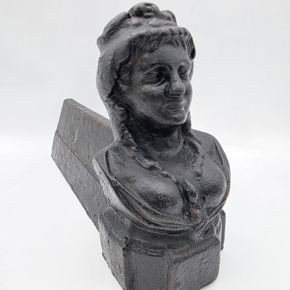 19th Century Queen Bust Firedogs, Antique Cast Iron