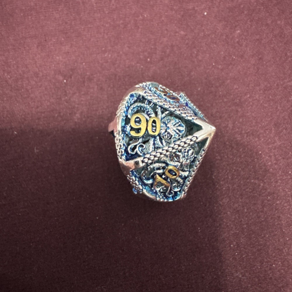 Silver & Blue Octopus Hollow Metal Polyhedral Dice Set - RPG DND E