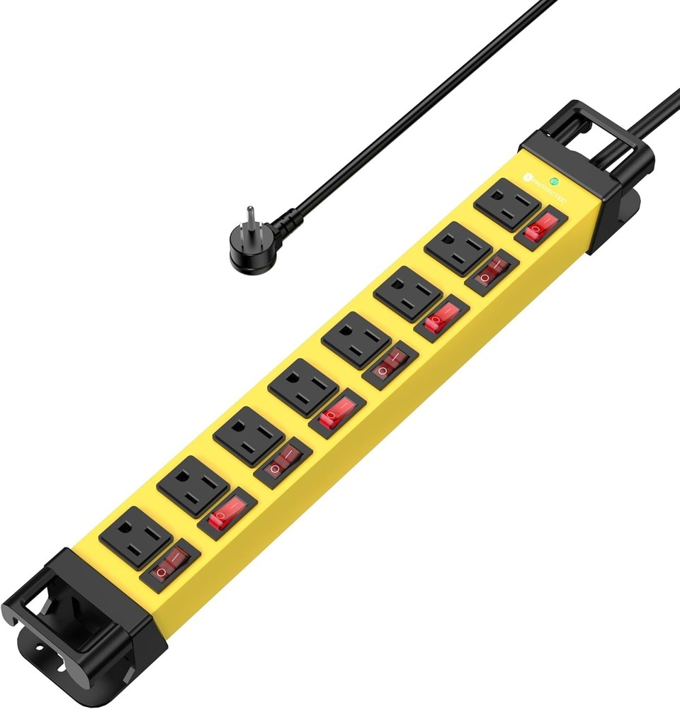 8 Outlet Surge Protector with Right Angle Plug & Cord Management for Workbench