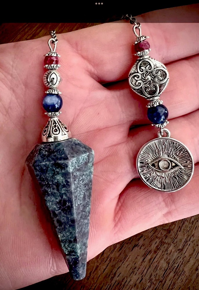 Genuine Ruby In Kyanite Pendulum + Hamsa Evil Eye Charm