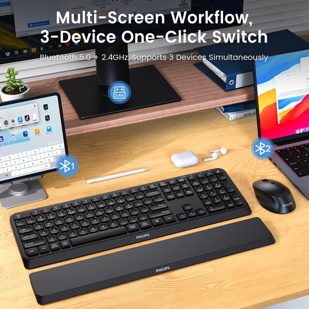 PHILIPS Bluetooth Keyboard and Mouse Combo, Ergonomic Design with Wrist Rest ...