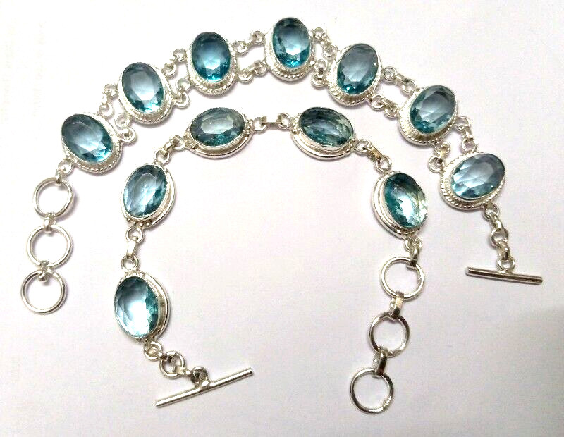 Aquamarine Gemstone Handmade 2 Bracelet 925 Sterling Silver Jewelry Size 7-8"