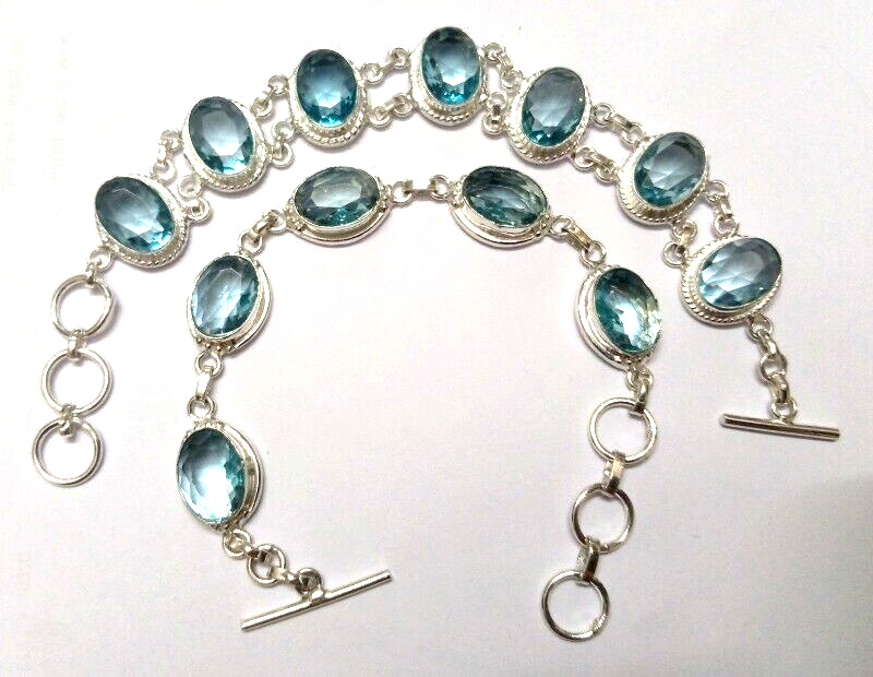 Aquamarine Gemstone Handmade 2 Bracelet 925 Sterling Silver Jewelry Size 7-8"