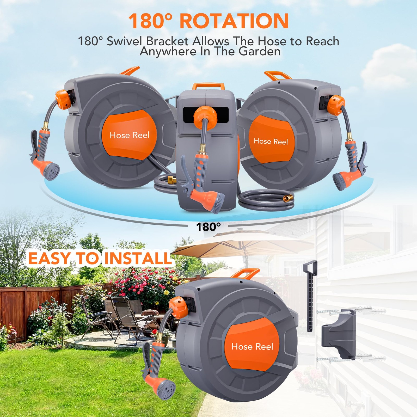 1/2 in x 100 Ft Retractable Garden Hose Reel Wall Mounted