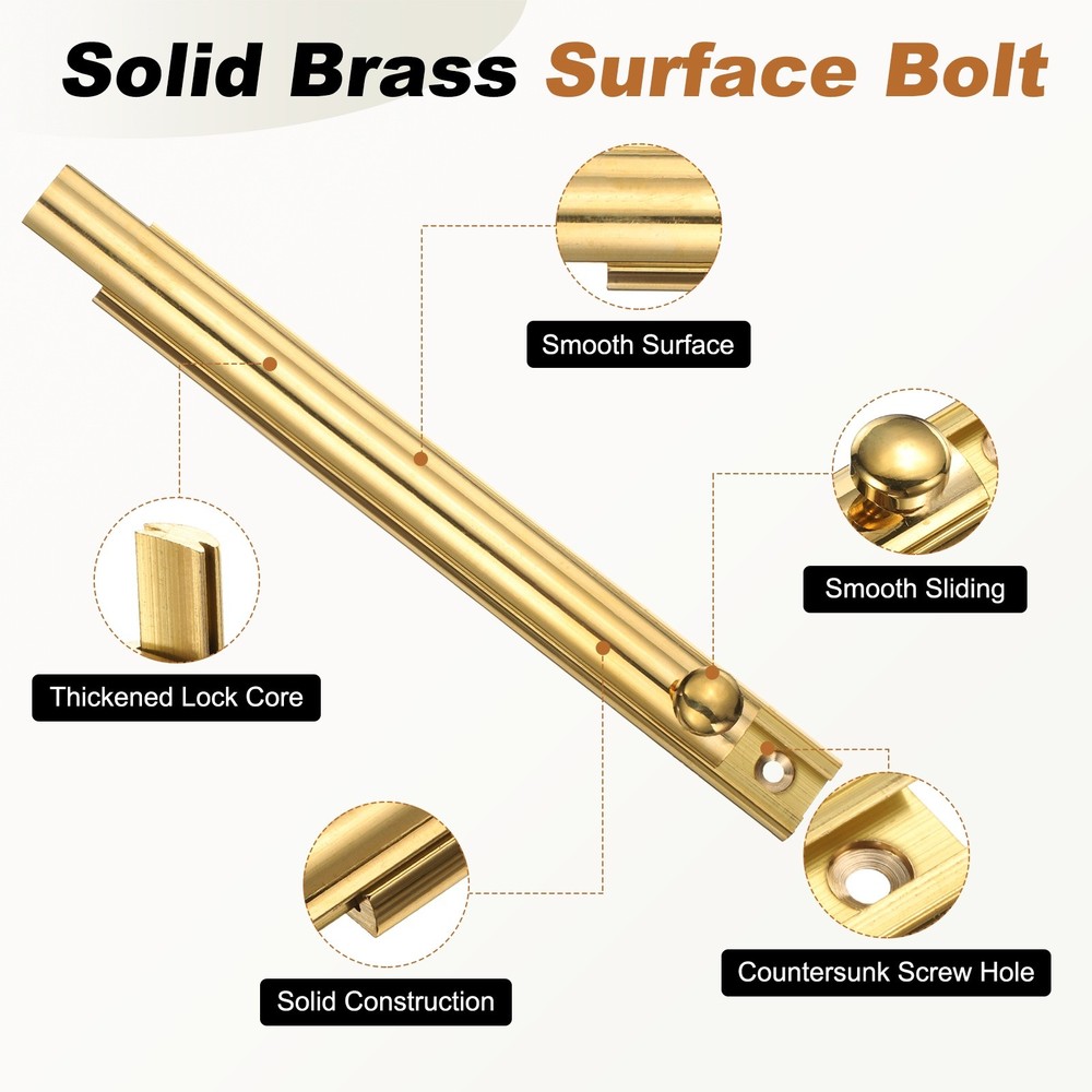 6" Solid Brass Surface Bolt, Polished Slide Latch Door Lock, Brass Tone