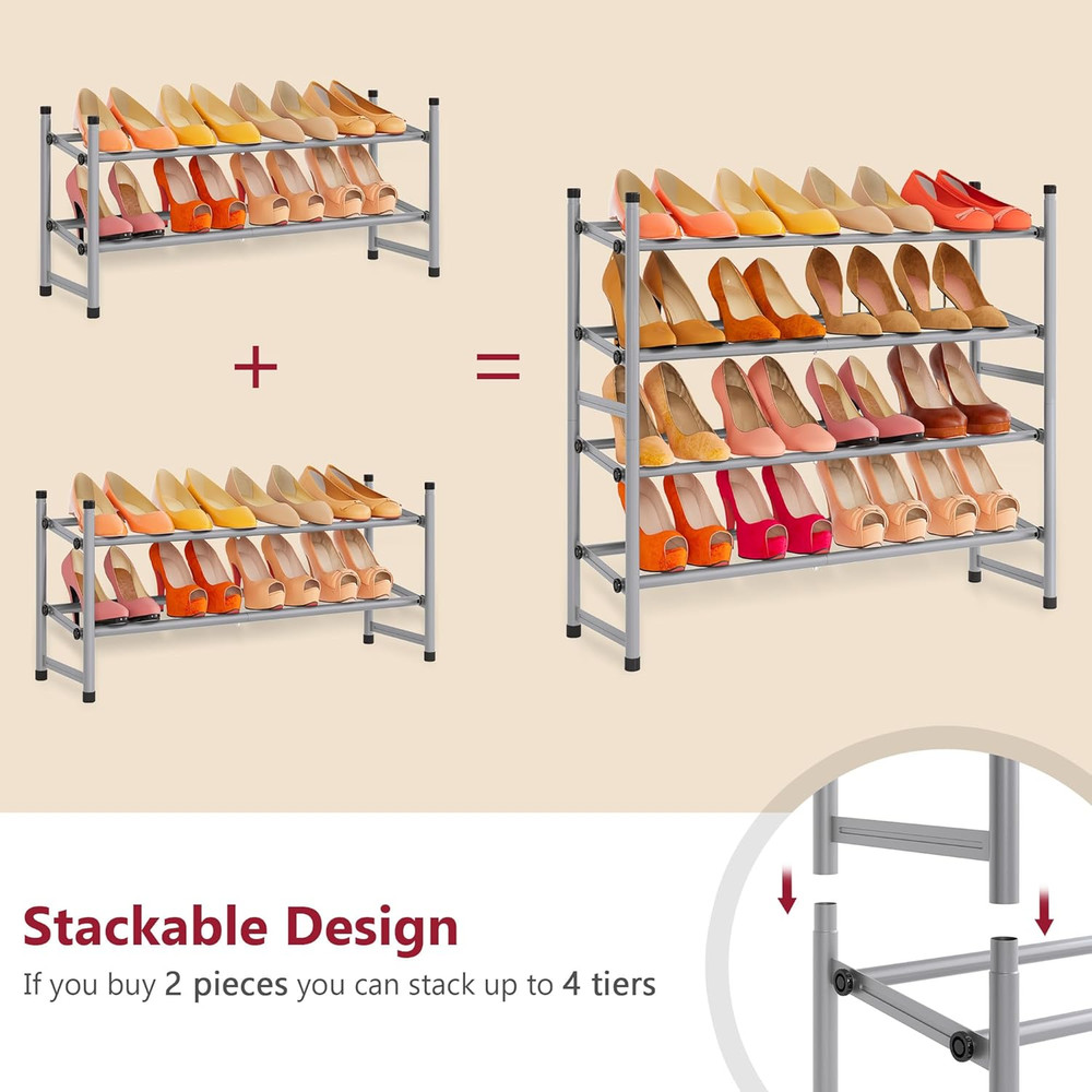 2 Tier Expandable Shoe Rack for Closet, 28“-41“Adjustable & Stackable Shoe Shelf