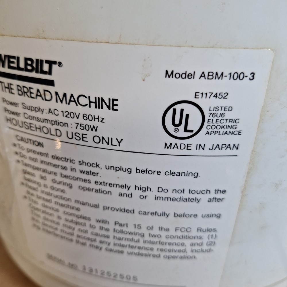 WELBILT Bread Maker The Bread Machine ABM-100-3 *Missing Pan Bowl - Tested