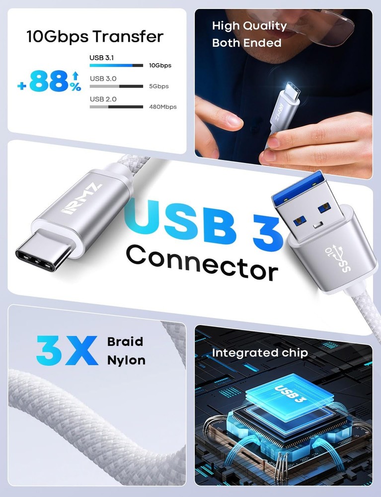 USB C Data Cable White, 3ft 3.0 to C Transfer Cable, 3ft, White