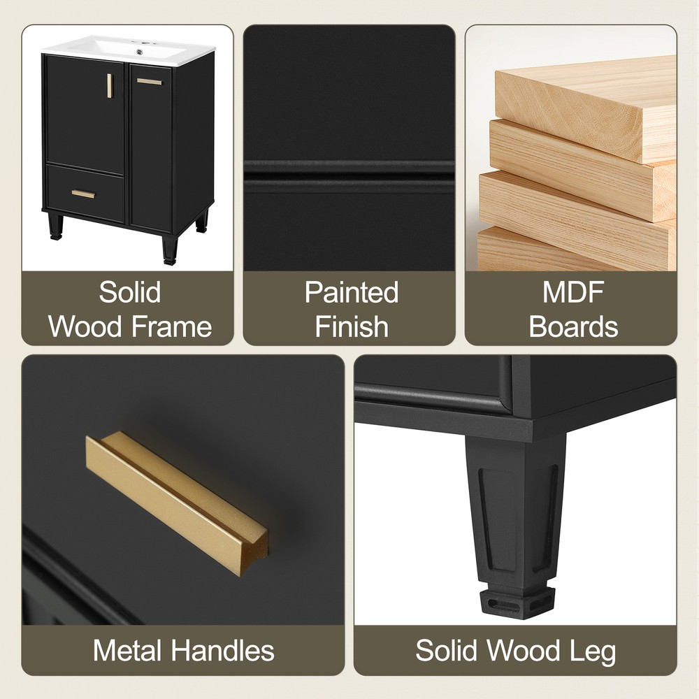 Bathroom Vanity with Ceramic Sink Solid Wood Frame Storage Cabinet Deep Drawer