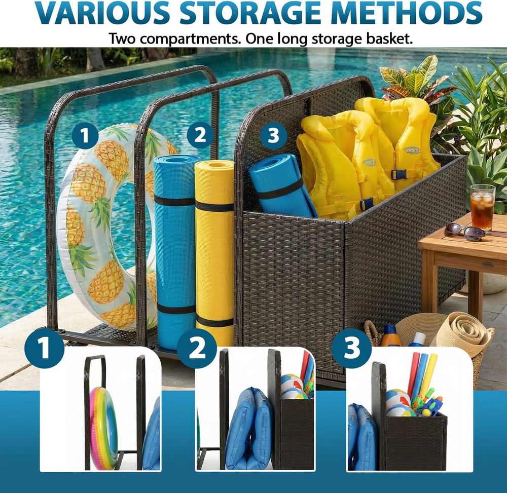 Pool Float Storage Poolside Storage Bin Holder Storage Rack with Wheels PE Ratta