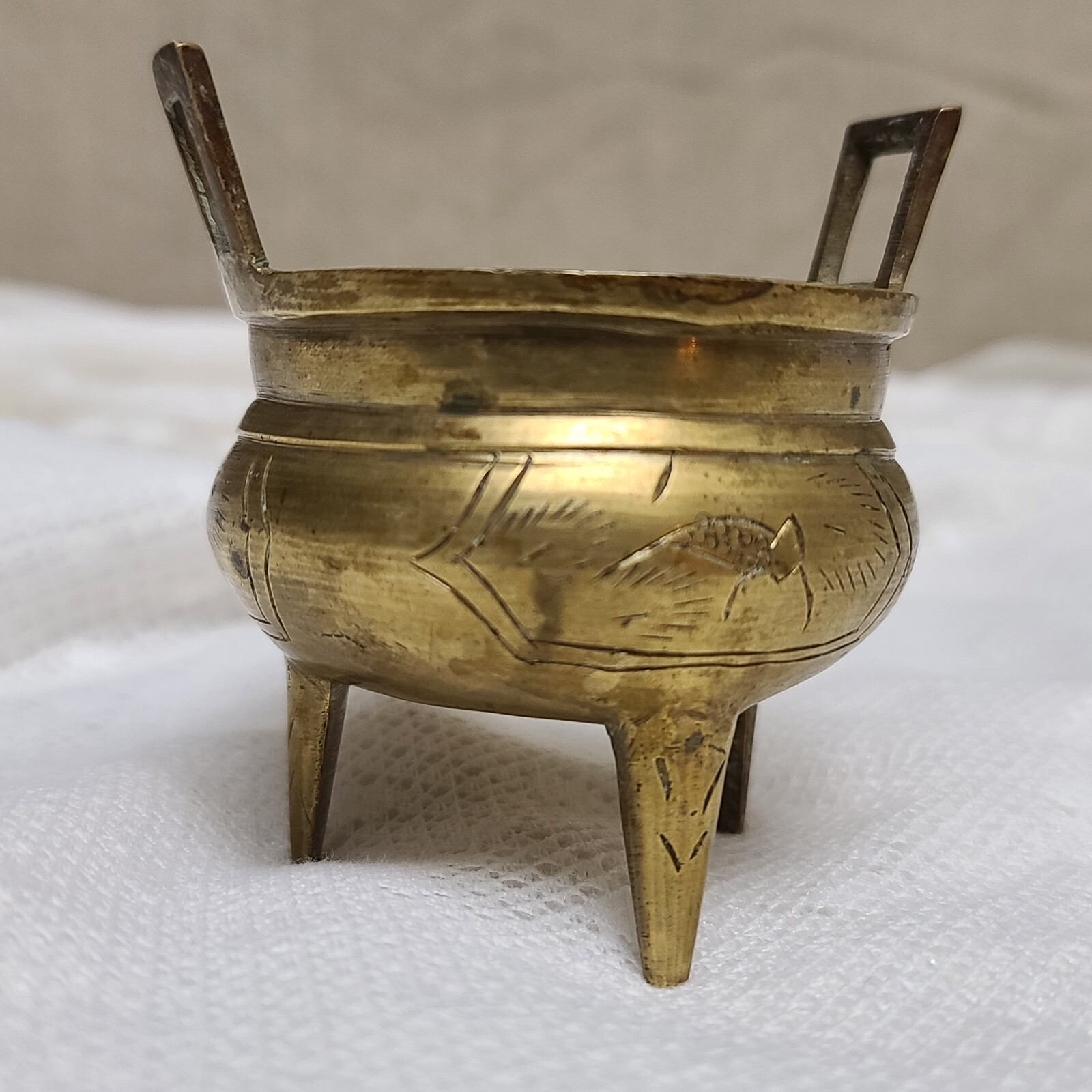 Vintage Antique Chinese Bronze Brass Stamped Incense Burner Bowl Dish Set/Pair 2