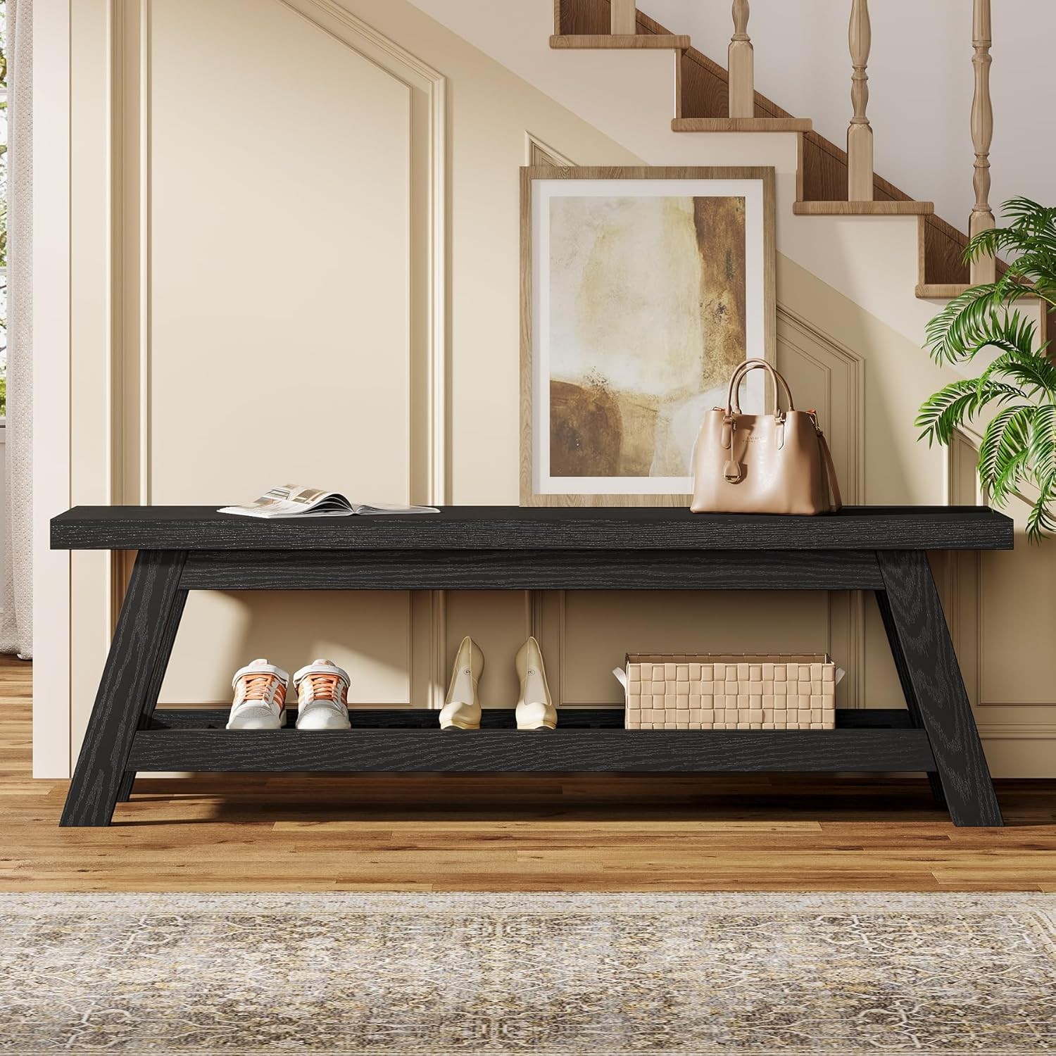55'' Wooden Entryway Bench Narrow Hallway Foyer Seating Bench with Shoe Storage