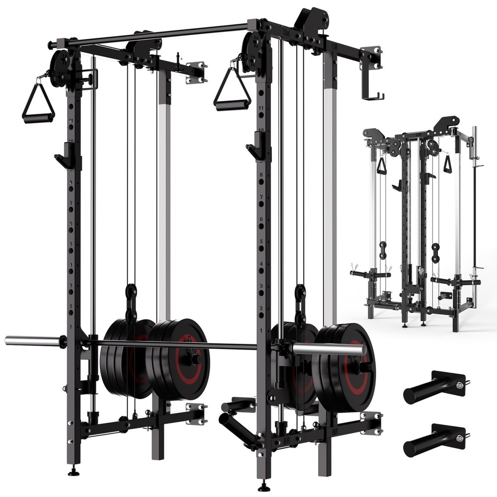 Wall Mount Smith Machine Squat Rack Power Rack with Dual Pulley System Workout