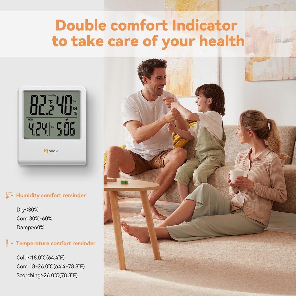 Indoor Thermometer, Room Thermometer and Hygrometer with Clock, Temperature a...