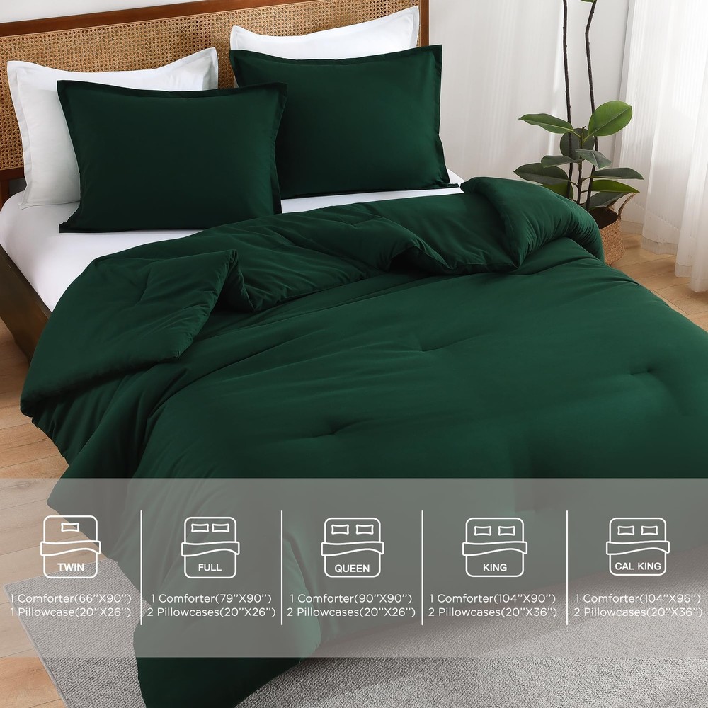 Dark Emerald Green Twin Size Comforter Set, 2 Pieces Boho Solid Bedding Comfo...
