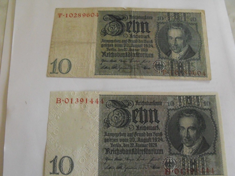 (2) German 10 Reichsmark currency