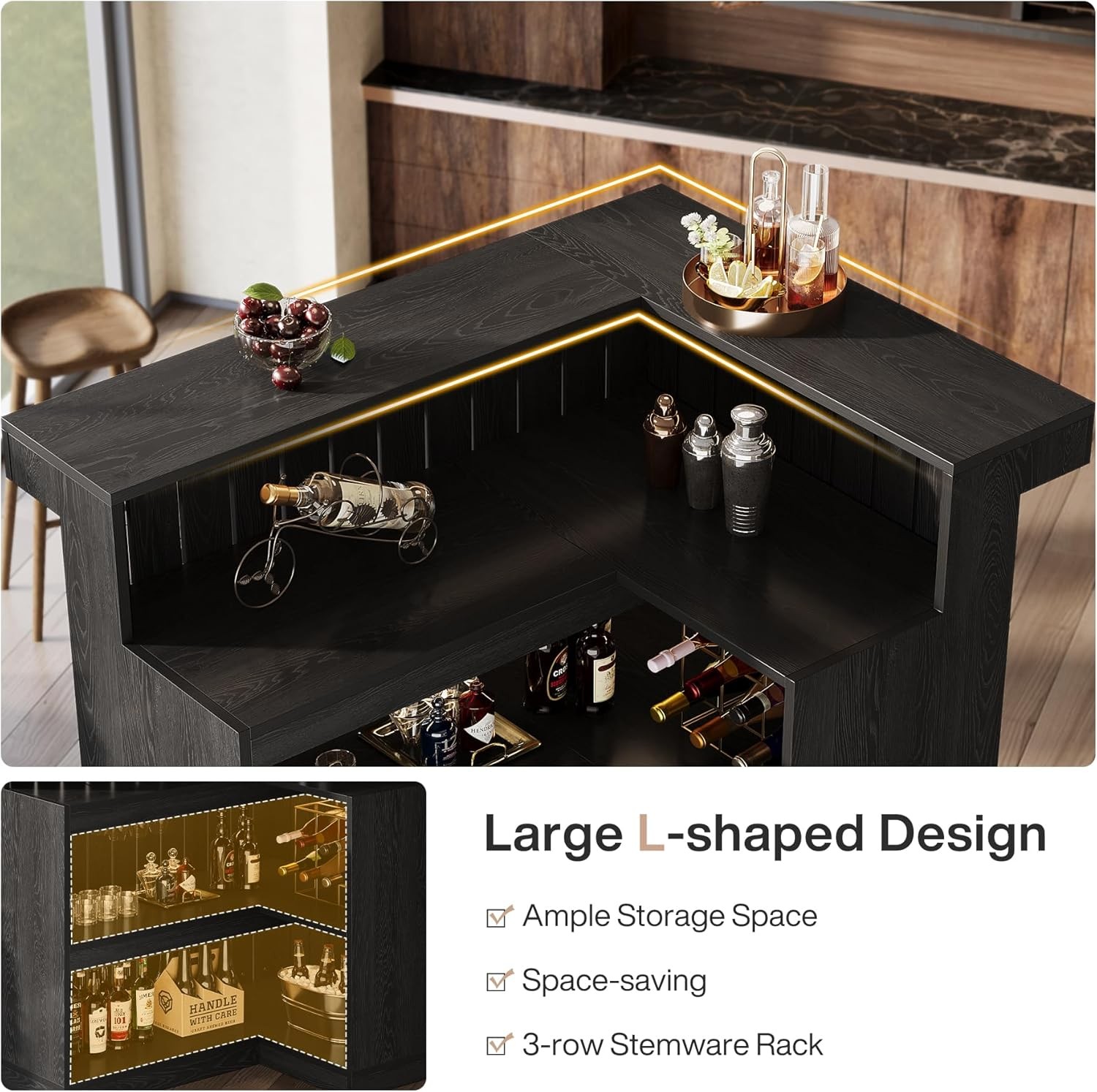 L-Shaped Home Bar Unit, 4-Tier Corner Liquor Bar Table with Storage Shelves