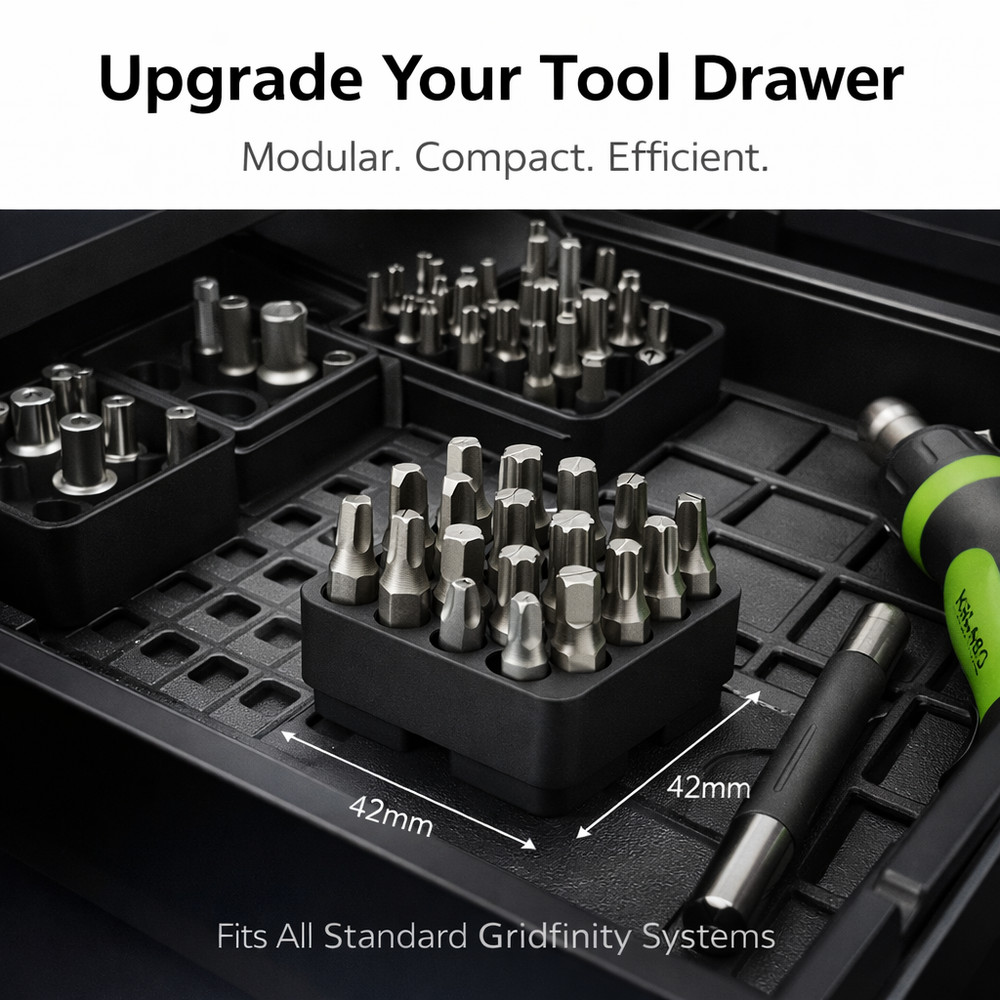 Gridfinity 1x1 Hex Bit Holder – Holds 20 – 1/4” Hex Bit Organizer – Modular