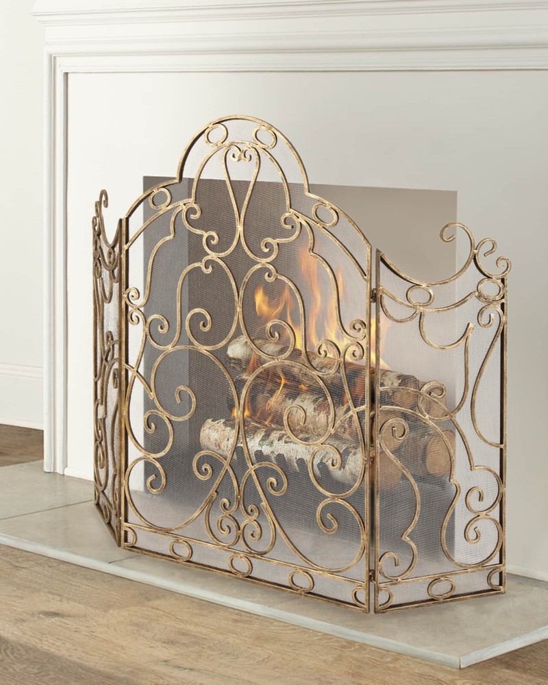 Three-Panel Scroll Iron Fireplace Screen