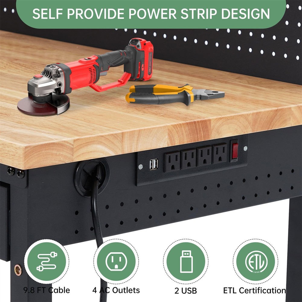 📶48" Work Benches for Garage Adjustable Workbench with Wheels Pegboard Drawers