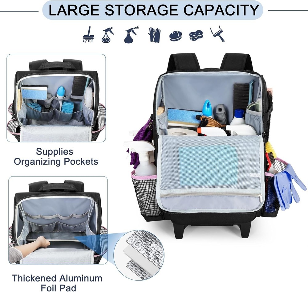 Pink Rolling Cleaning Backpack with Detachable Trolley - Efficient Organization