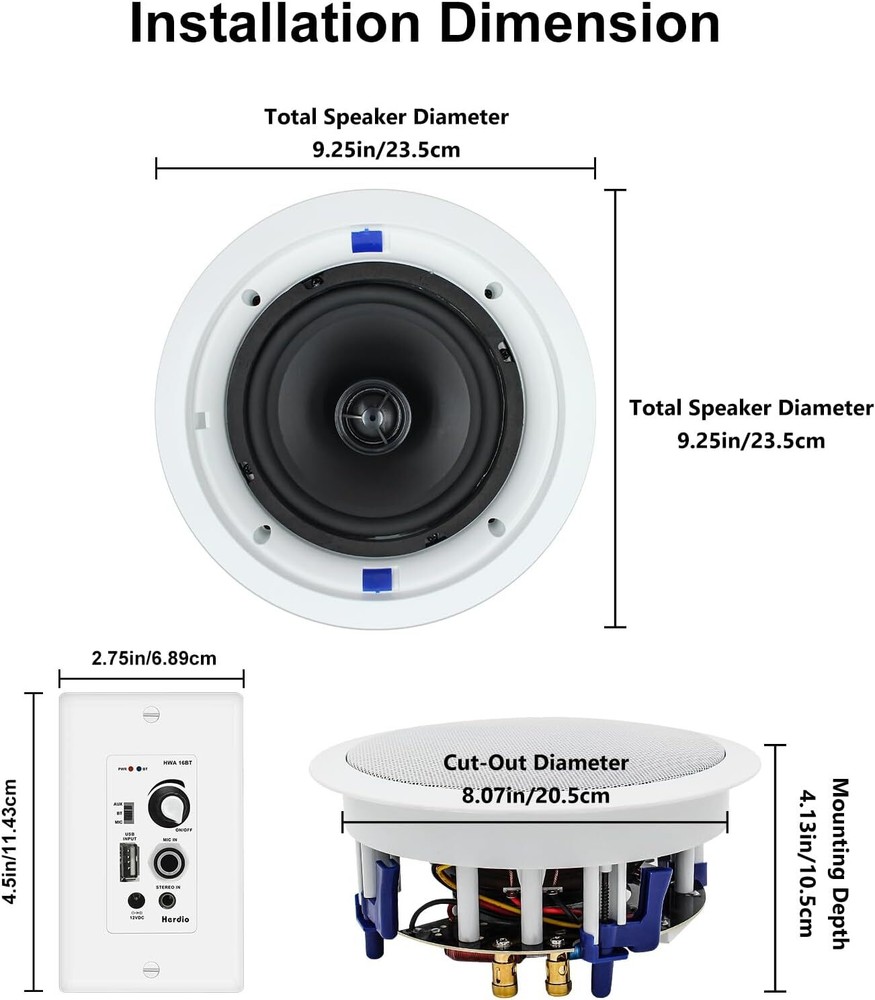 640W 6.5" Herdio Audio Wall Bluetooth Amplifier Receiver Kit+ 4 Ceiling Speakers