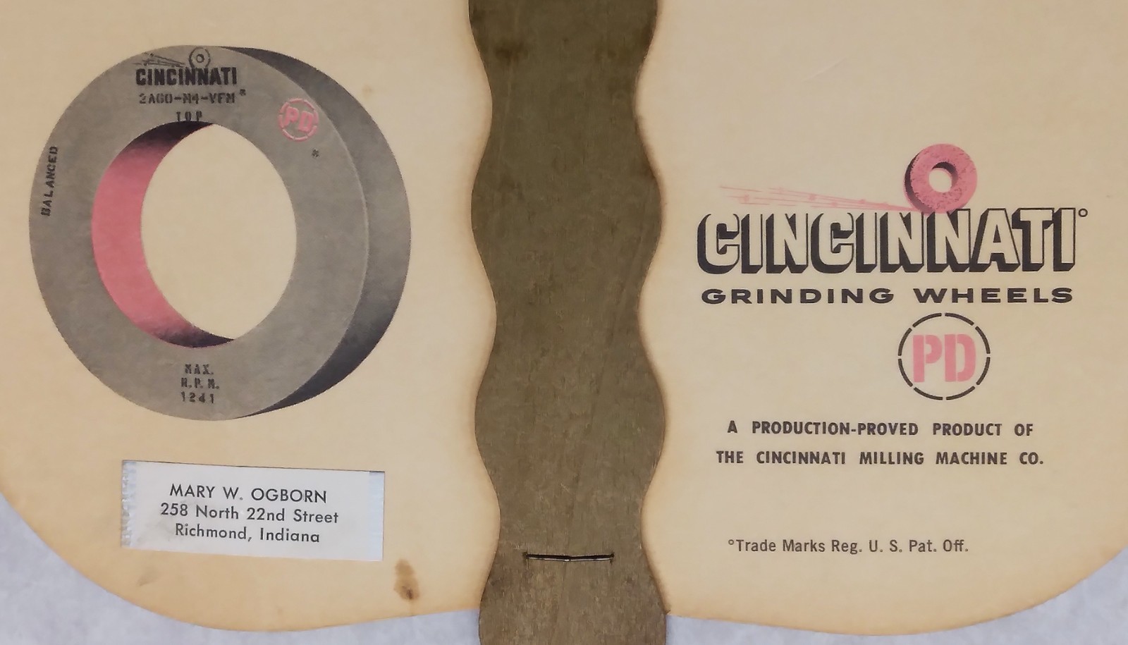 Cincinnati Grinding Wheels c1975 Hand Held Ad Fan Used