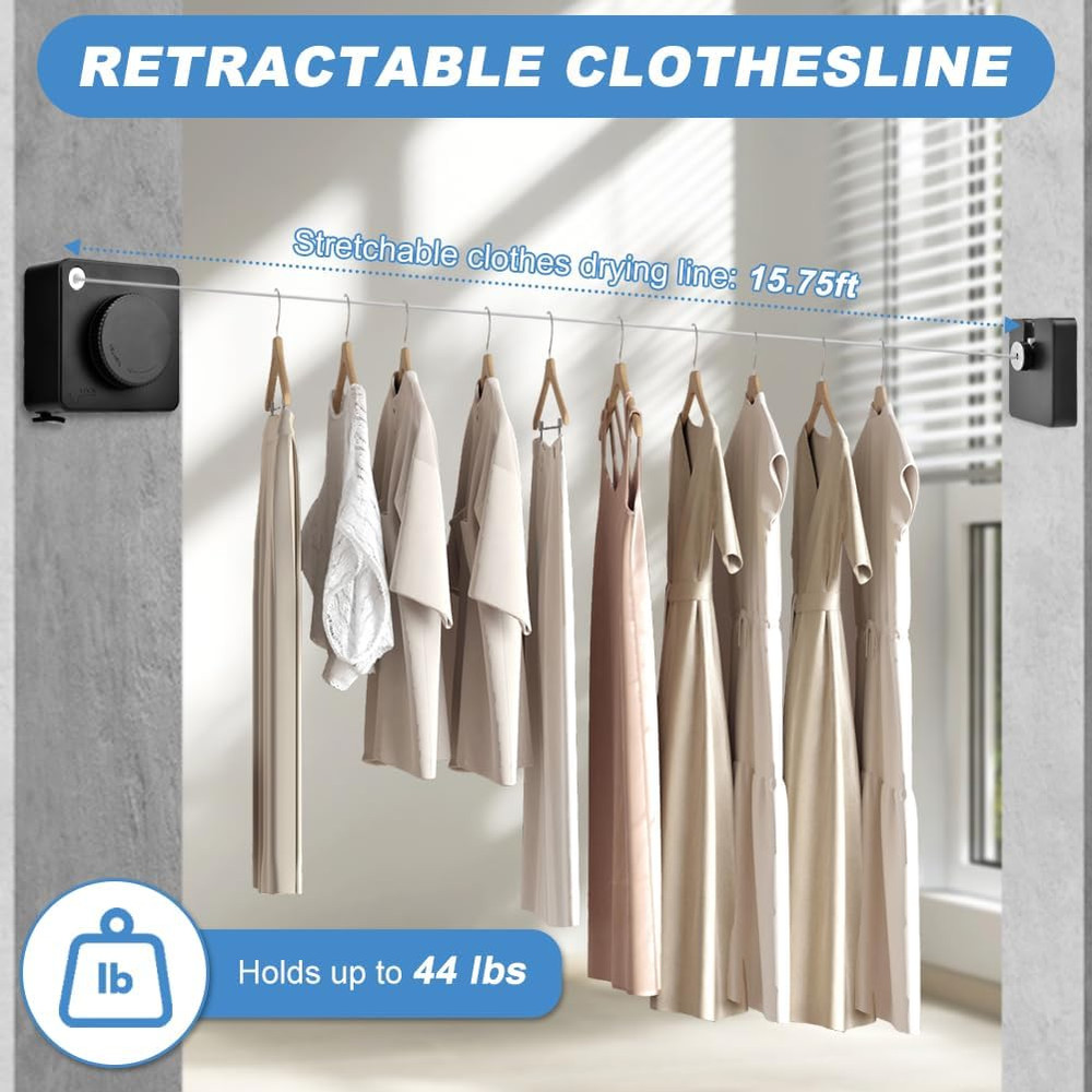 Retractable Clothesline 15.7Ft Wall Mounted Laundry Line with Clips Black